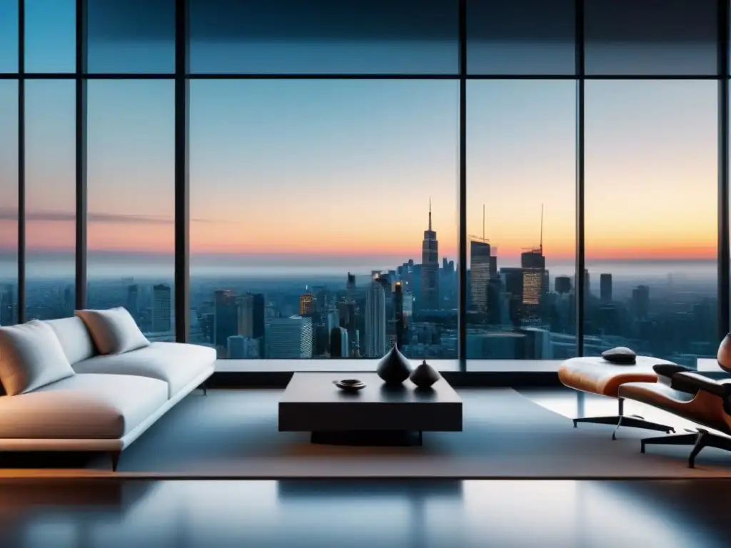 Salón moderno con vistas panorámicas en alta resolución Espectacular sala moderna con ventanales de piso a techo y vista a la ciudad