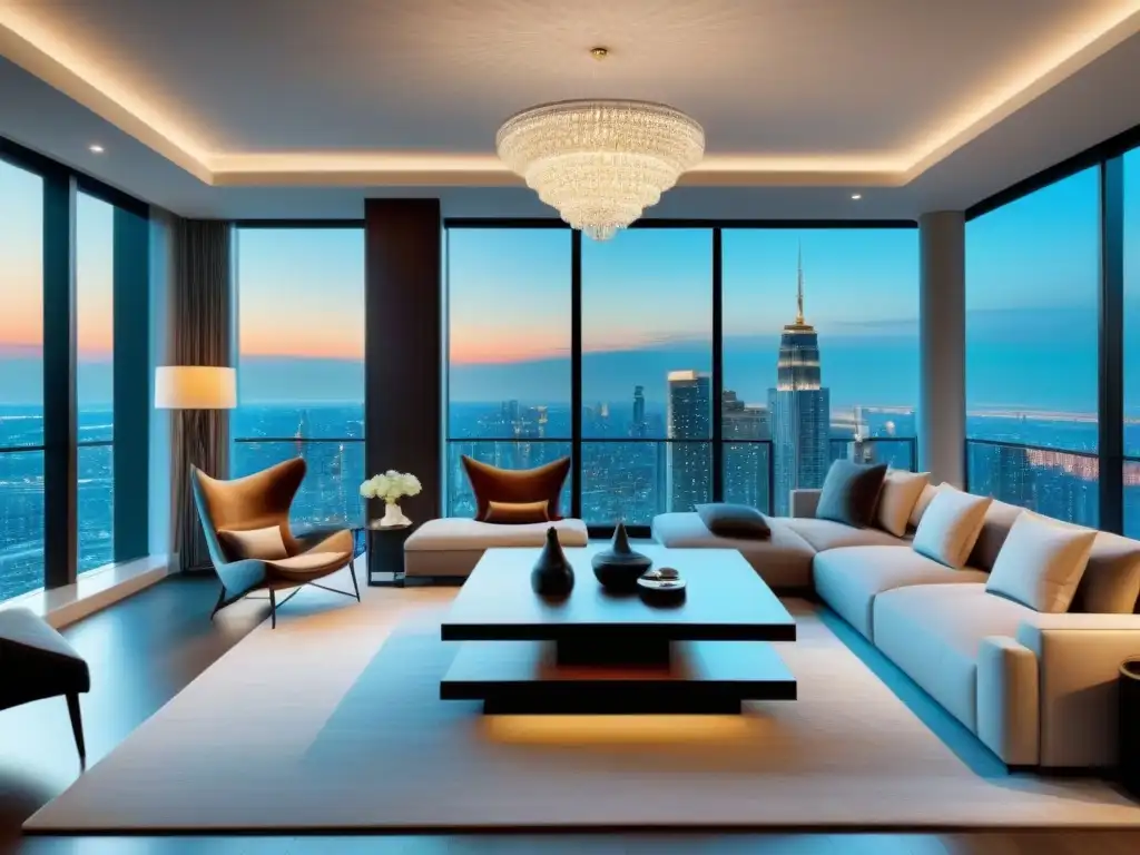 Salón de lujo con vista urbana y decoración contemporánea Espectacular sala de estar moderna con vista a la ciudad