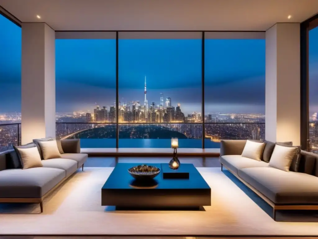 Sala de estar de lujo con vista nocturna a la ciudad Espectacular sala de estar moderna con vista a la ciudad de noche, muebles elegantes y ambiente exclusivo
