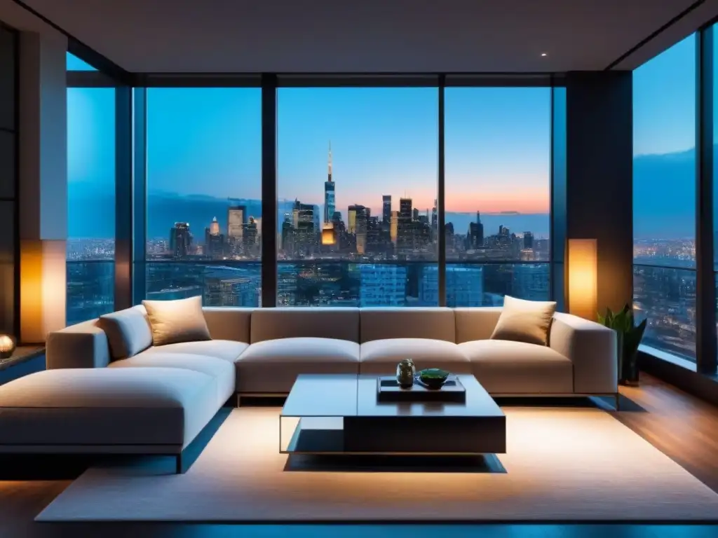 Sofisticada sala de estar minimalista con vista panorámica nocturna Espectacular sala de estar moderna con vista nocturna de la ciudad, sofisticada y acogedora