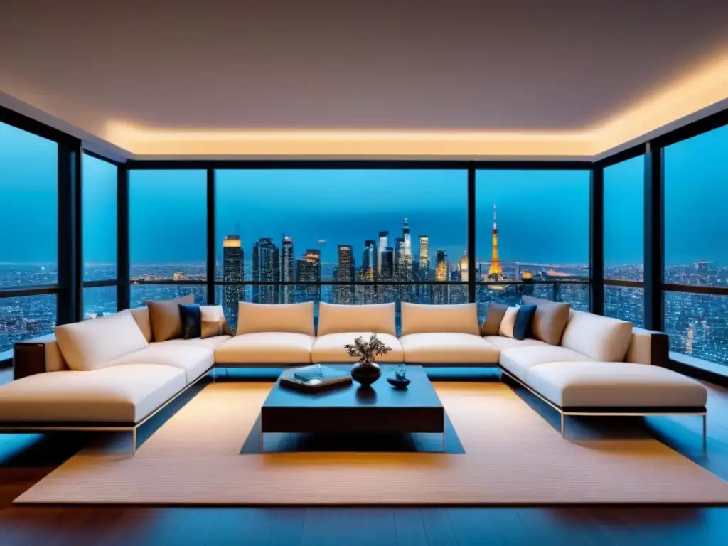 Espectacular sala de estar moderna con vista panorámica a la ciudad de noche