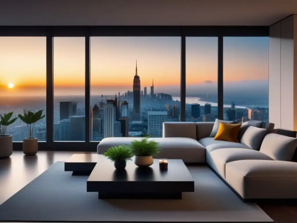 Salón moderno con vista panorámica al atardecer Espectacular sala de estar moderna con vista a la ciudad al atardecer