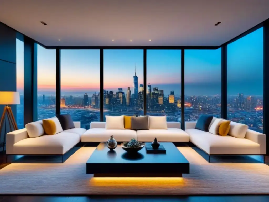 Sofisticada sala de estar moderna con vista panorámica al atardecer Espectacular sala de estar moderna con vista a la ciudad al atardecer, ideal para financiamiento inmobiliario inversiones razones