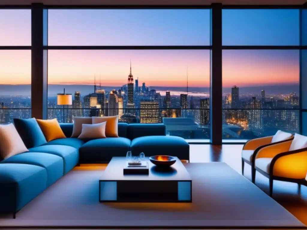 Sala de estar moderna de lujo con vista urbana al atardecer Espectacular sala de estar moderna con vistas urbanas al atardecer
