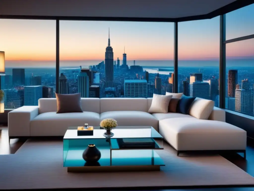 Sofisticado salón moderno con vista a la ciudad al atardecer Espectacular sala de estar moderna con vistas a la ciudad al atardecer