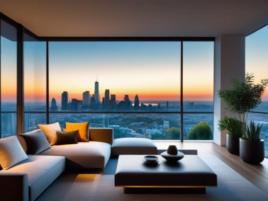 Salón de lujo con vistas a la ciudad al atardecer Espectacular sala de estar con vista a la ciudad al atardecer, ideal para rentabilidad inversión segunda propiedad