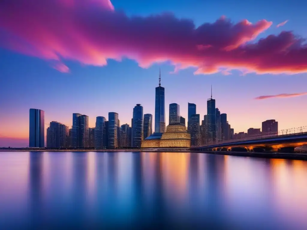 Horizonte urbano de ciudad moderna al atardecer: simetría dorada en el río Espectacular skyline de ciudad moderna al atardecer, reflejándose en el río