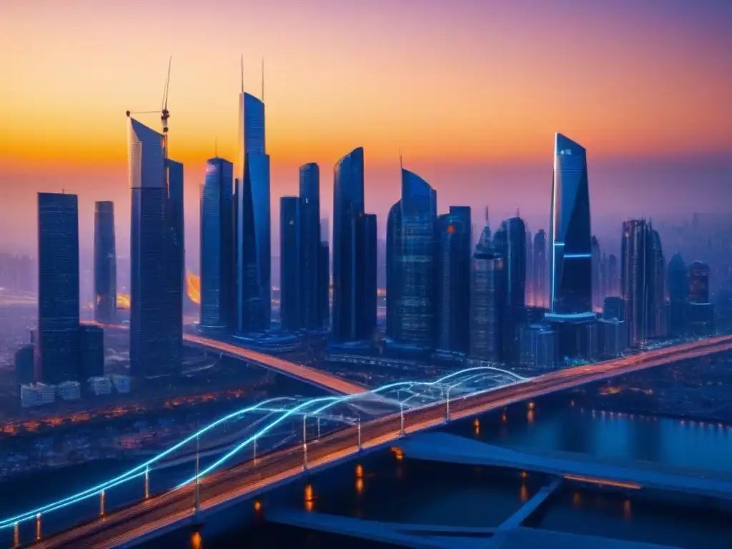 Horizonte futurista: crecimiento y estabilidad en el mercado inmobiliario para 2023 Espectacular skyline futurista con rascacielos reflejando el sol, simbolizando la gestión de riesgos en préstamos inmobiliarios 2023