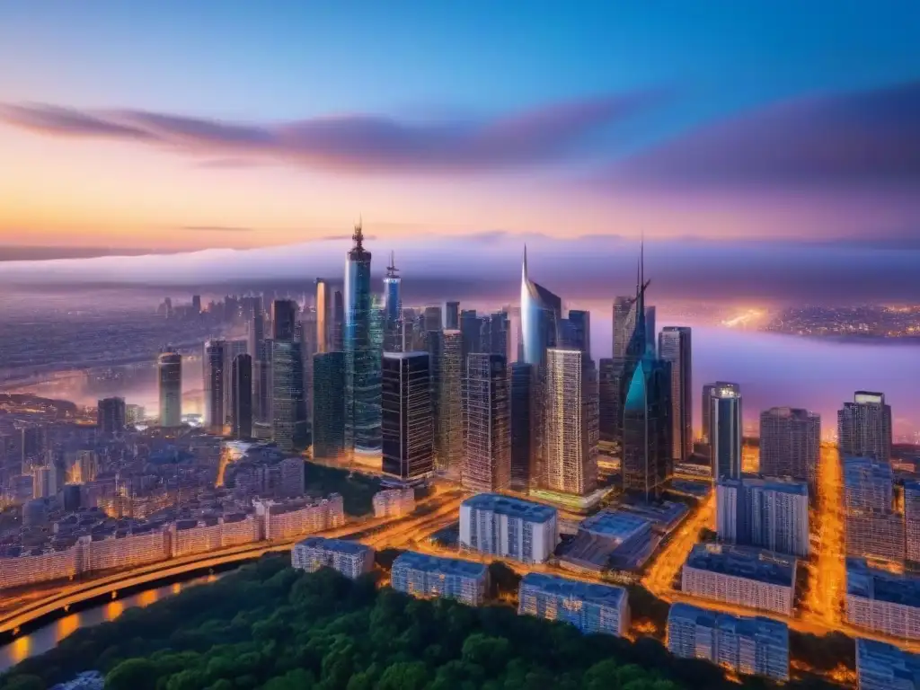 Horizonte urbano al atardecer: metrópolis moderna en 8k Espectacular skyline urbano al atardecer, con rascacielos modernos y luces vibrantes