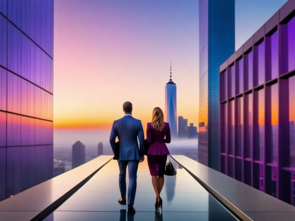 Horizonte urbano al atardecer: modernidad y diversidad en la ciudad Espectacular skyline urbano al atardecer con rascacielos modernos y profesionales en un distrito financiero