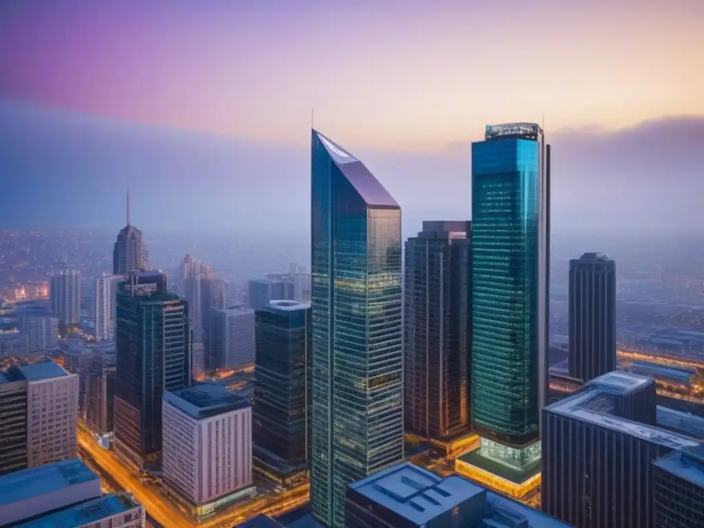 Horizonte urbano al atardecer: luces futuristas y vida urbana Espectacular skyline urbano al anochecer con edificios comerciales iluminados y calles bulliciosas