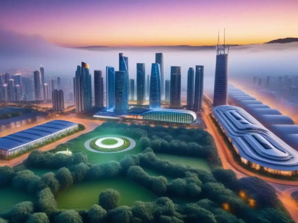 Espectacular skyline urbano híbrido al anochecer con diversificación en cartera inmobiliaria híbrida