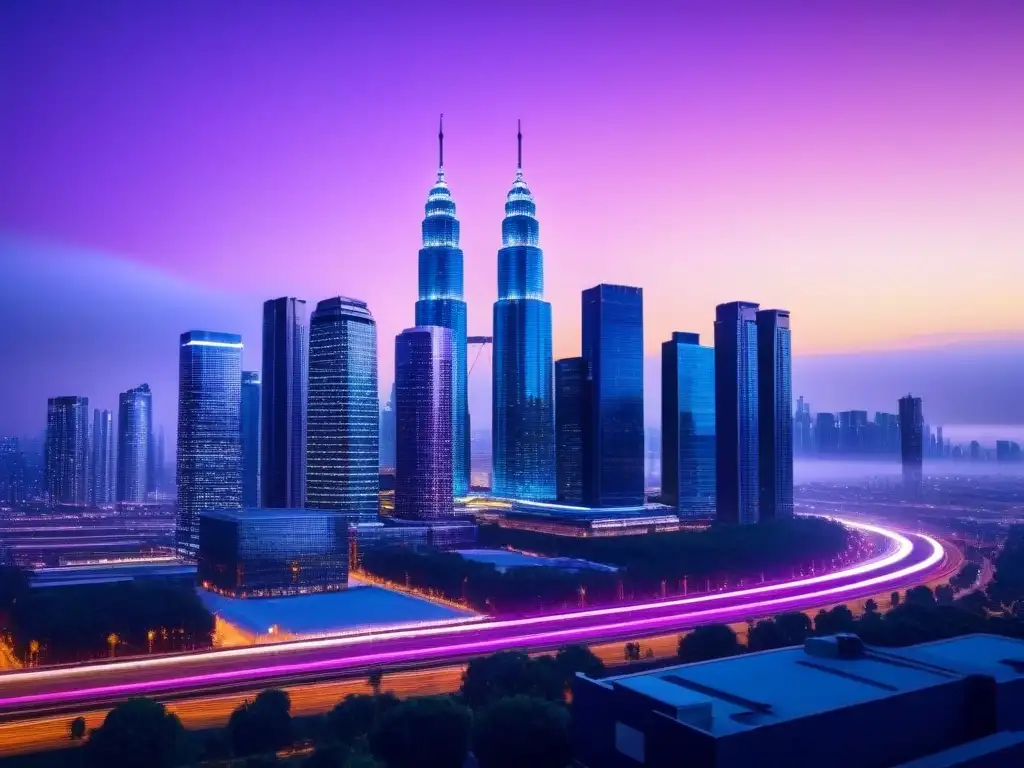 Horizonte urbano moderno al atardecer: luces vibrantes en rascacielos Espectacular skyline urbano al anochecer, con rascacielos iluminados y un edificio futurista de vidrio