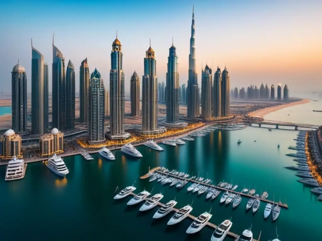 Esplendor dorado: Dubai Marina al atardecer Espectacular vista aérea de Dubai Marina al atardecer con rascacielos modernos y yates de lujo, simbolizando las Oportunidades de inversión en Dubái