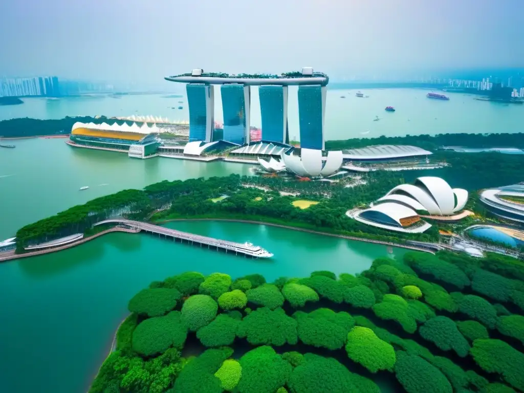 Marina Bay Sands y Supertree Grove: la esencia moderna de Singapur 'Espectacular vista aérea de Singapur: Marina Bay Sands, Supertree Grove y el puerto