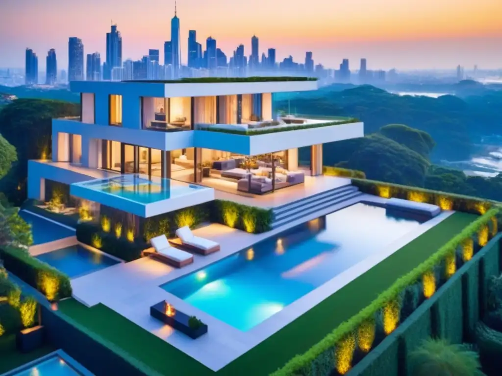 Residencia de ensueño: lujo y prosperidad en entorno natural y urbano Espléndida casa de ensueño rodeada de naturaleza y piscina, con ciudad al fondo y sol poniéndose