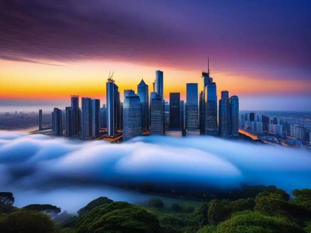 Horizonte urbano moderno al atardecer: oportunidades de inversión inmobiliaria Espléndida ciudad moderna al atardecer, con rascacielos de vidrio reflejando el sol, ideal para financiamiento para invertir en inmuebles