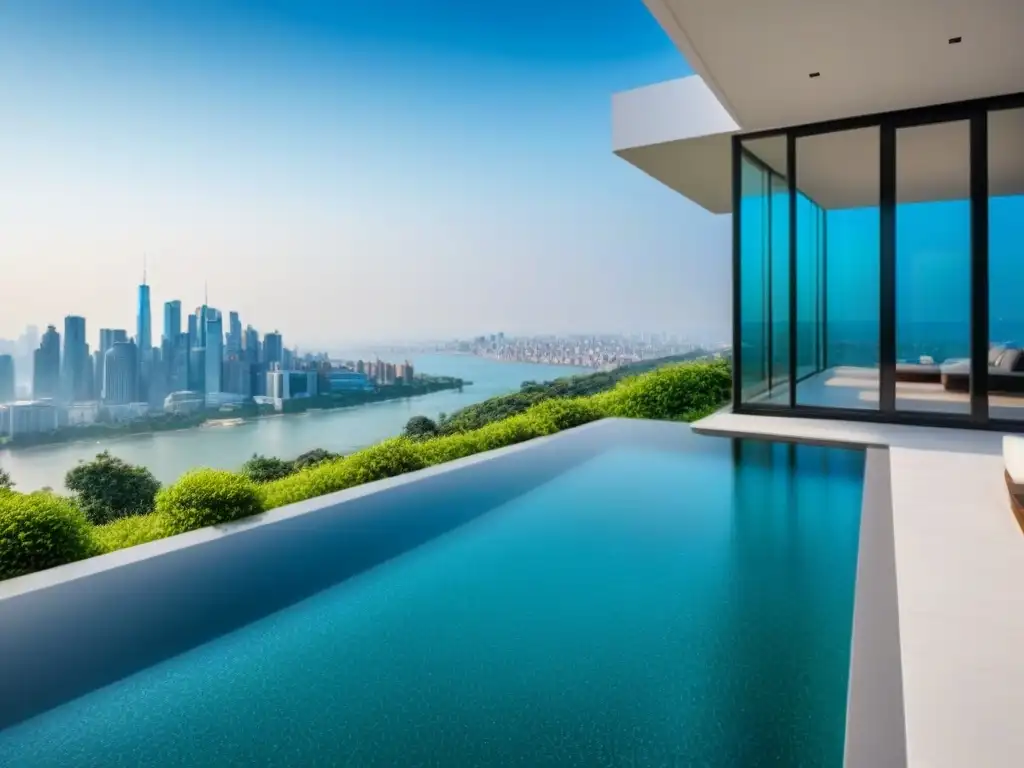 Mansión de lujo con piscina infinita y vista panorámica Espléndida mansión de lujo con diseño arquitectónico moderno, piscina infinita y vista panorámica a la ciudad