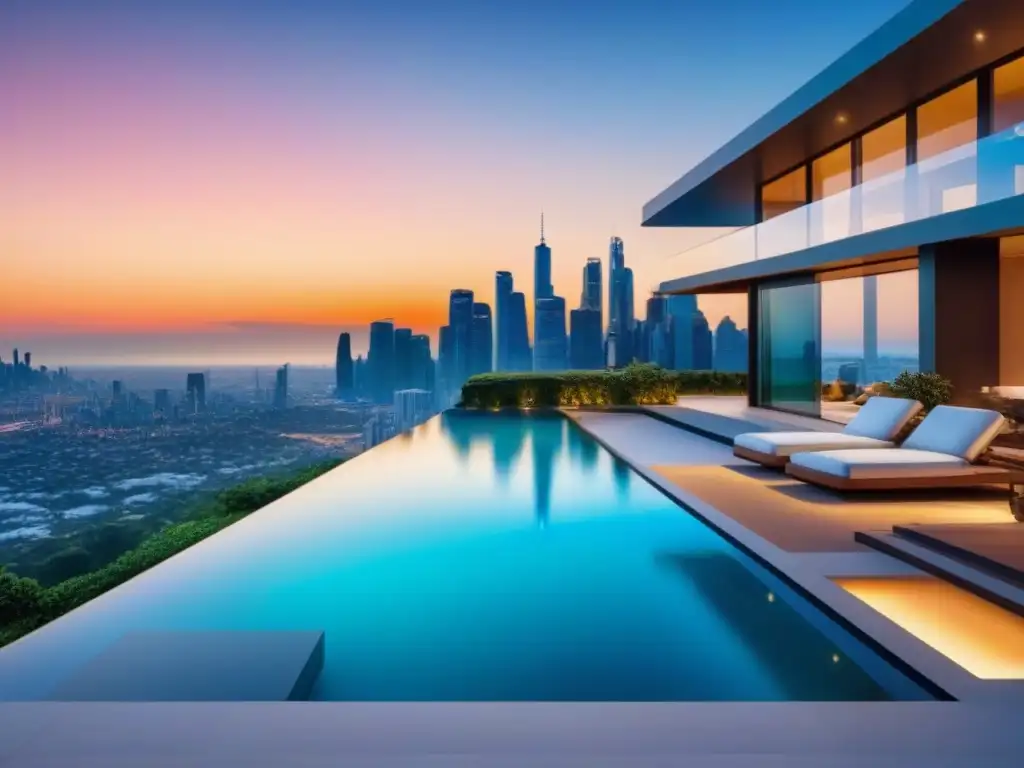 Mansión de lujo al atardecer: arquitectura moderna y piscina infinita Espléndida mansión moderna de lujo con diseño futurista y vista panorámica de la ciudad al atardecer