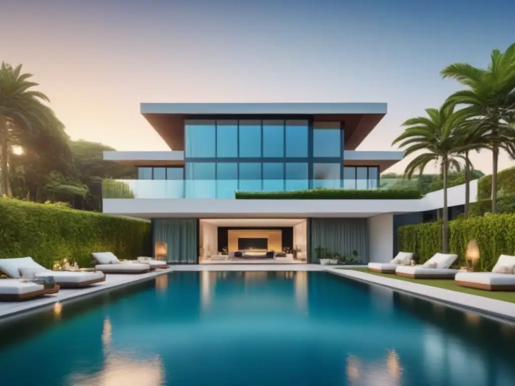 Mansión de lujo: diseño moderno y opulento en entorno exuberante Espléndida mansión moderna rodeada de vegetación exuberante y piscina reluciente, reflejando el sol
