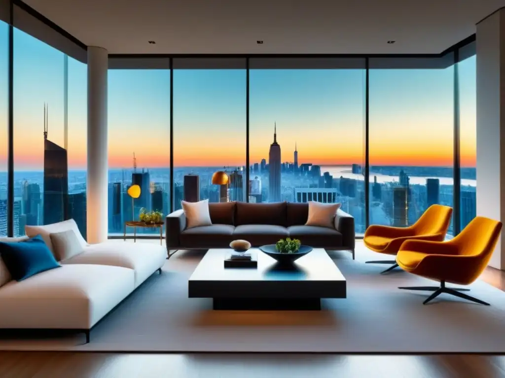 Sala de estar moderna y lujosa con vista a la ciudad Espléndida sala de estar moderna en casa de lujo con vista a la ciudad, muebles de diseño y arte contemporáneo, iluminada con luz natural cálida