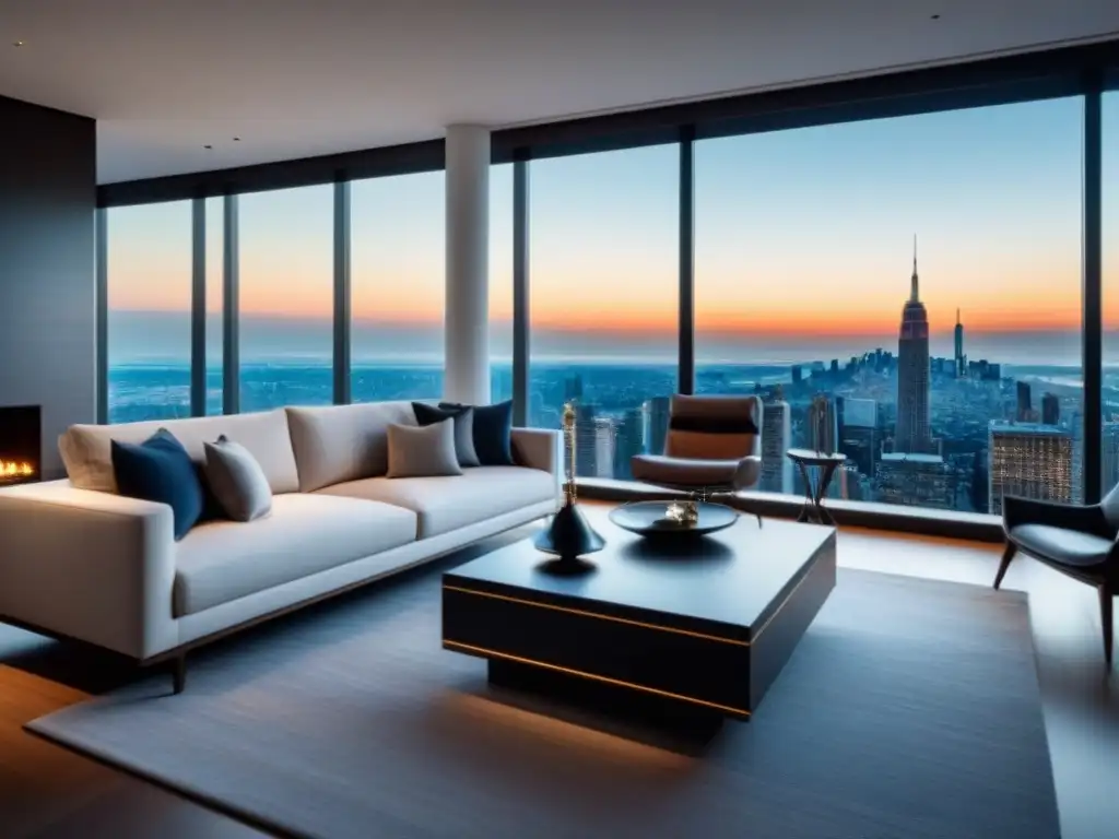 Espléndida sala de estar moderna en propiedad de lujo, con mobiliario elegante, arte contemporáneo y vista panorámica a la ciudad