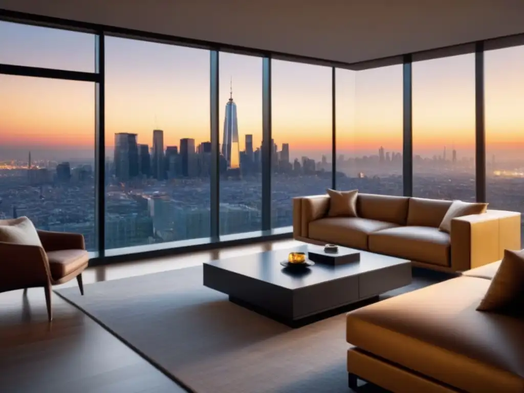 Sala de estar de lujo: diseño sofisticado con vista panorámica al atardecer Espléndida sala de estar moderna en propiedad exclusiva con vista panorámica de la ciudad al atardecer