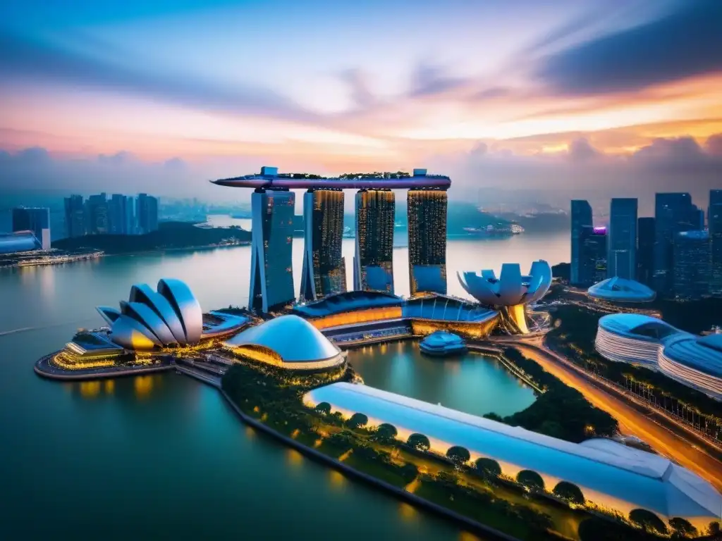 Espléndido atardecer en Singapur: Marina Bay Sands y arquitectura futurista Espléndida vista aérea del skyline de Singapur al atardecer, destacando Marina Bay Sands y arquitectura futurista