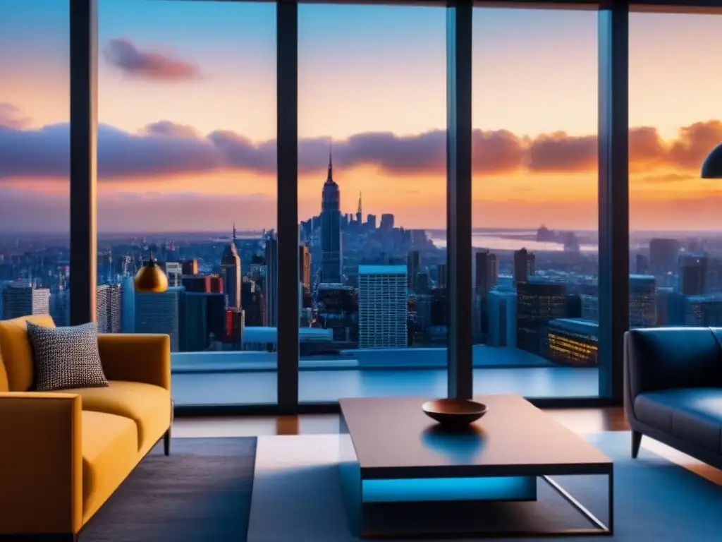 Espléndido penthouse moderno con impacto en diseño, arquitectura y bienes raíces, vista panorámica de ciudad al atardecer dorado