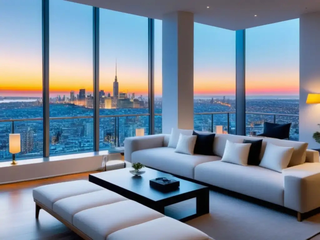 Penthouse de lujo con vista a la ciudad y diseño contemporáneo Espléndido penthouse moderno con vista a la ciudad, elegante decoración y terraza amplia con muebles de exterior, en zona alto