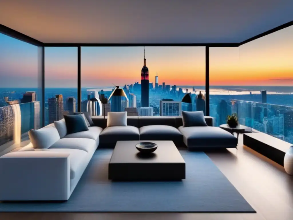 Penthouse de lujo: ventana a la ciudad Espléndido penthouse moderno con vista a la ciudad, muebles contemporáneos y terraza panorámica