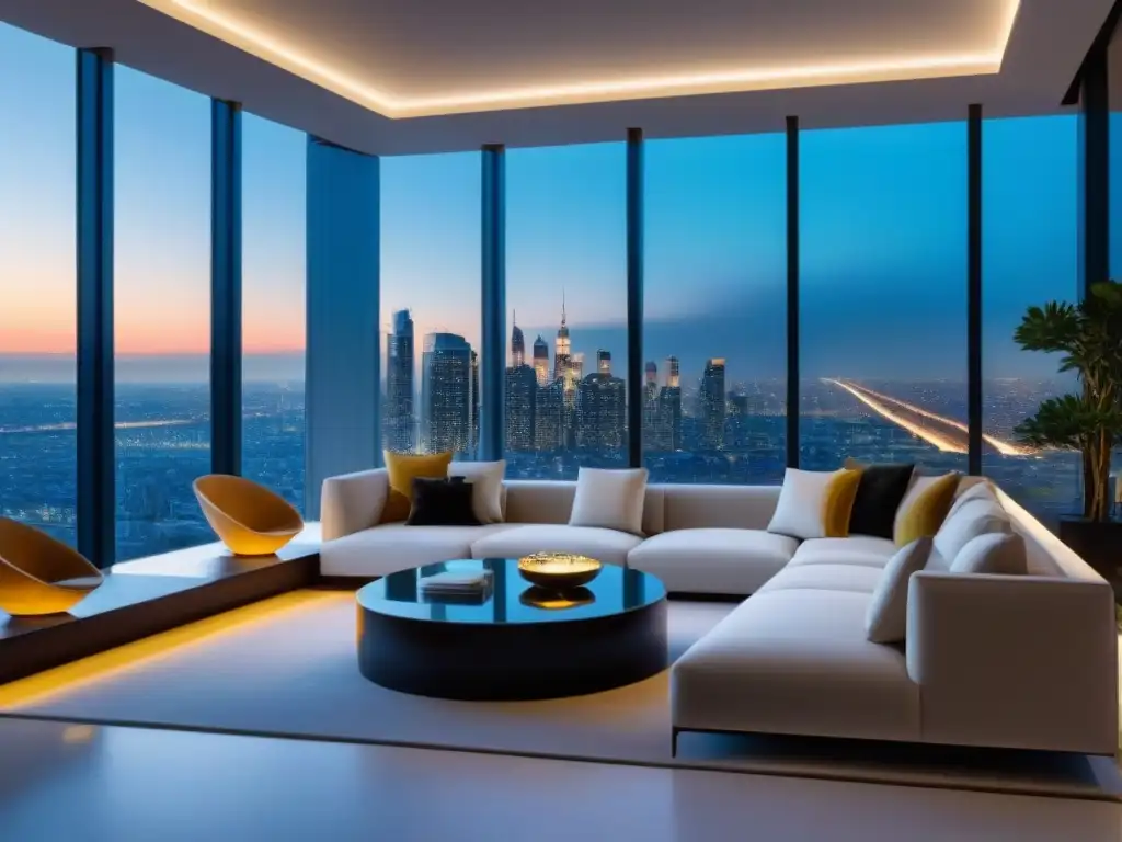 Penthouse de lujo: diseño moderno y skyline urbano Espléndido penthouse moderno con vista a la ciudad, reflejando el impacto en el mercado de lujo ante crisis económicas