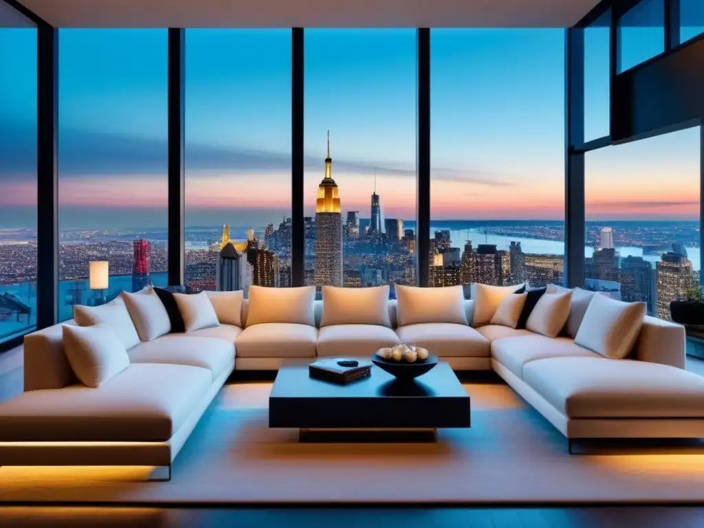 Espléndido penthouse moderno con vista a la ciudad al anochecer, decorado con lujo y sofisticación para razones invertir bienes raíces lujo