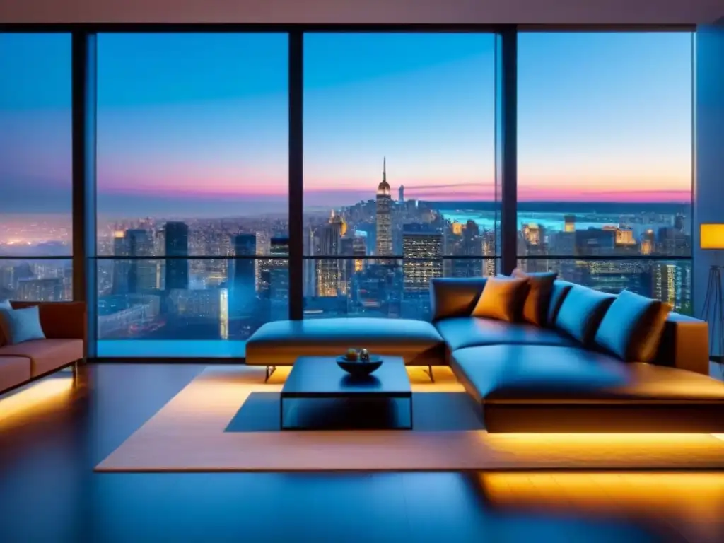 Salón de lujo con vista panorámica al atardecer Espléndido salón de lujo con vista urbana al atardecer, ideal para inspirar tus fotos de propiedades de lujo