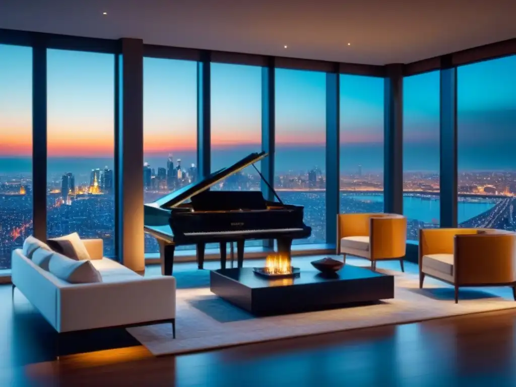 Sala de estar de lujo en penthouse con vistas a la ciudad Espléndido salón moderno en ático de lujo, con vistas a la ciudad