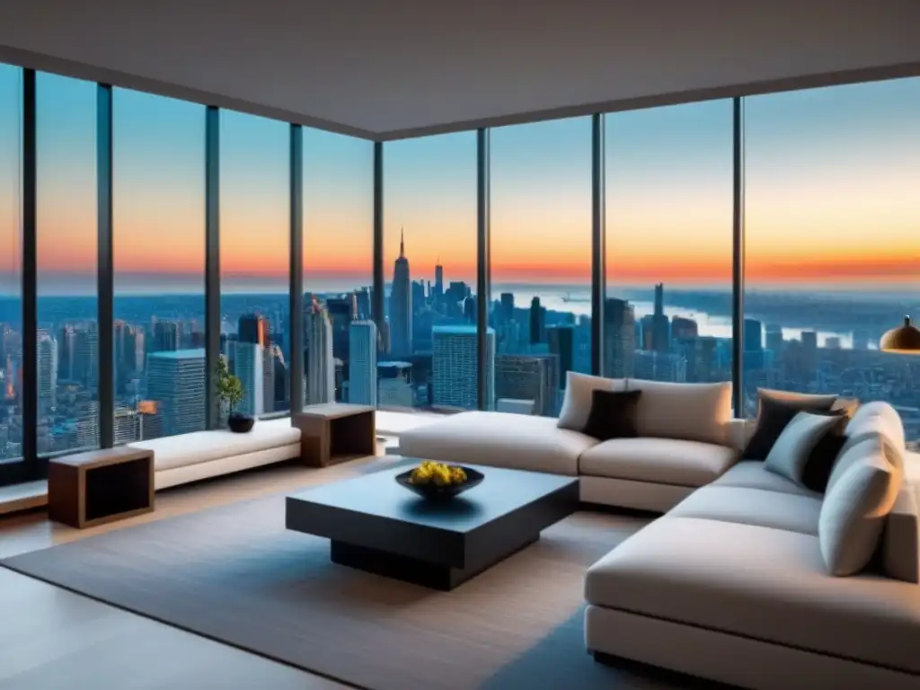 Espléndido salón moderno con diseño elegante, amplio sofá, mesa de centro y vista panorámica de la ciudad