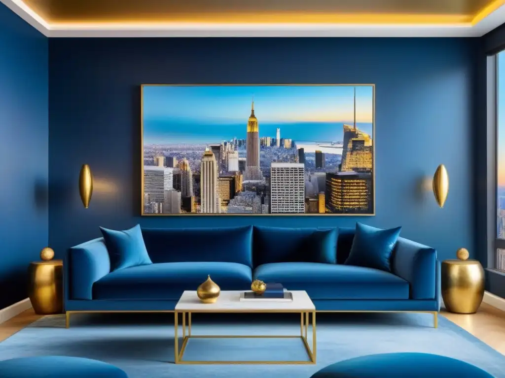 Salón de lujo en torre: azul y oro, sofisticado y calmante Espléndido salón moderno en un lujoso apartamento con psicología del color en marketing inmobiliario