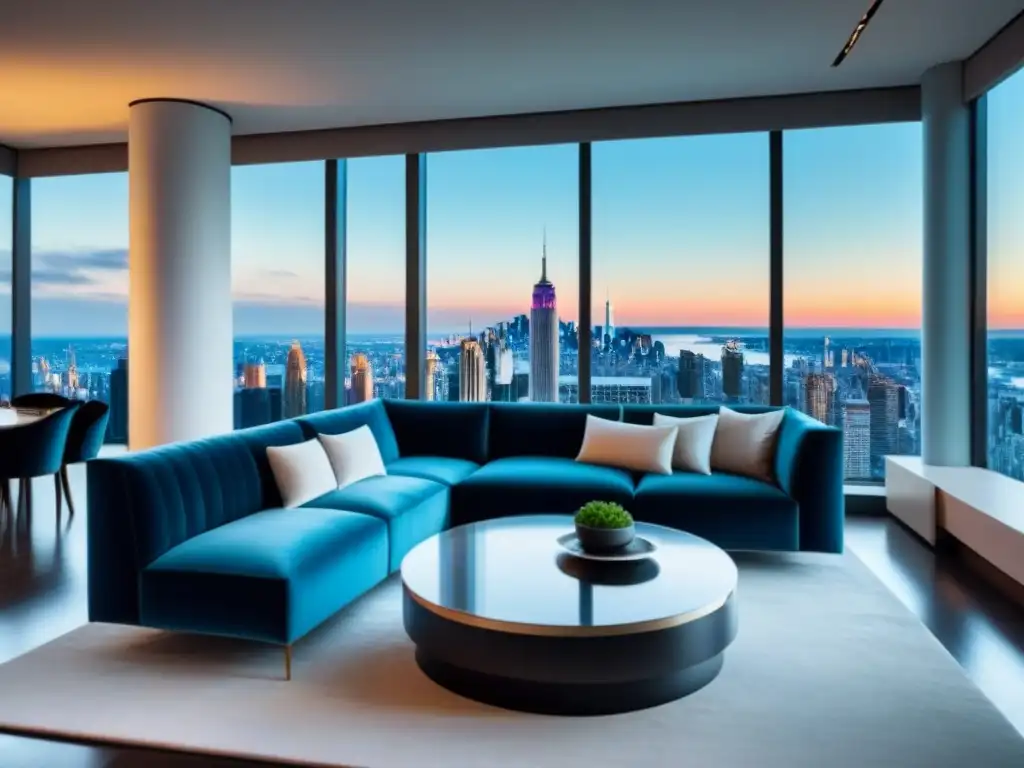 Salón de lujo en penthouse con vista panorámica a la ciudad Espléndido salón moderno en penthouse con vista a la ciudad