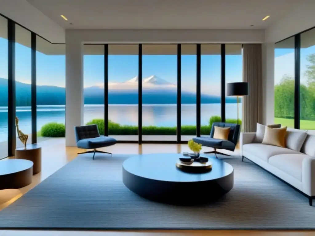 Sala de estar de lujo con vistas al lago Espléndido salón moderno en segunda vivienda, con vista al lago
