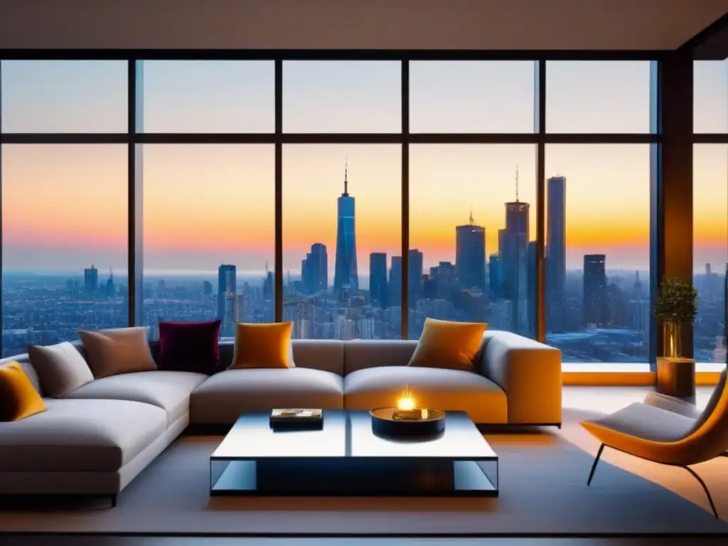 Sala de estar de lujo con vistas a la ciudad al atardecer Espléndido salón moderno con toques de lujo y vista urbana al atardecer