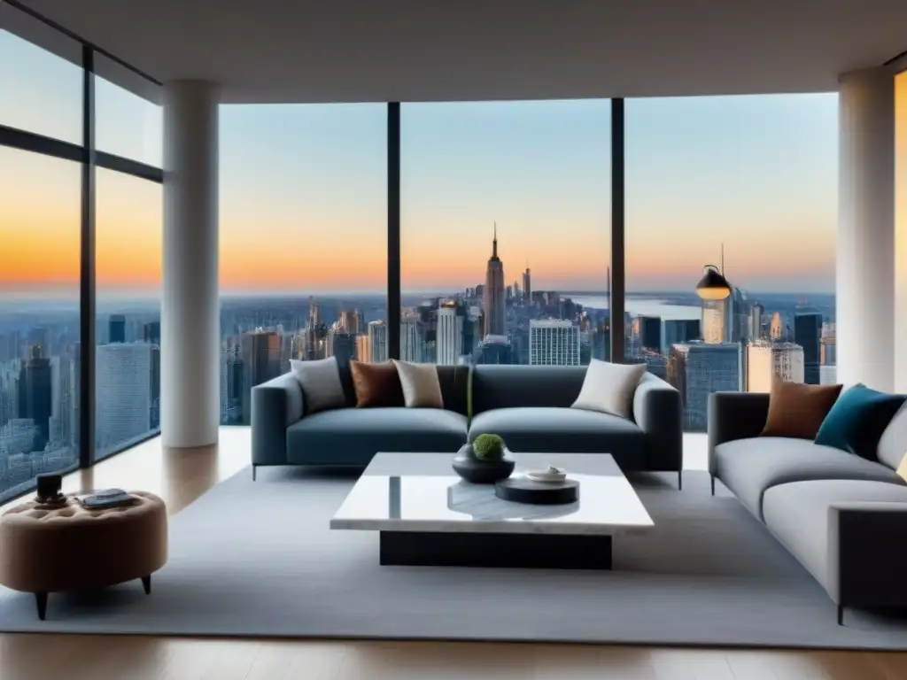 Sala de estar de lujo con vista a la ciudad y mobiliario elegante Espléndido salón moderno con vista a la ciudad