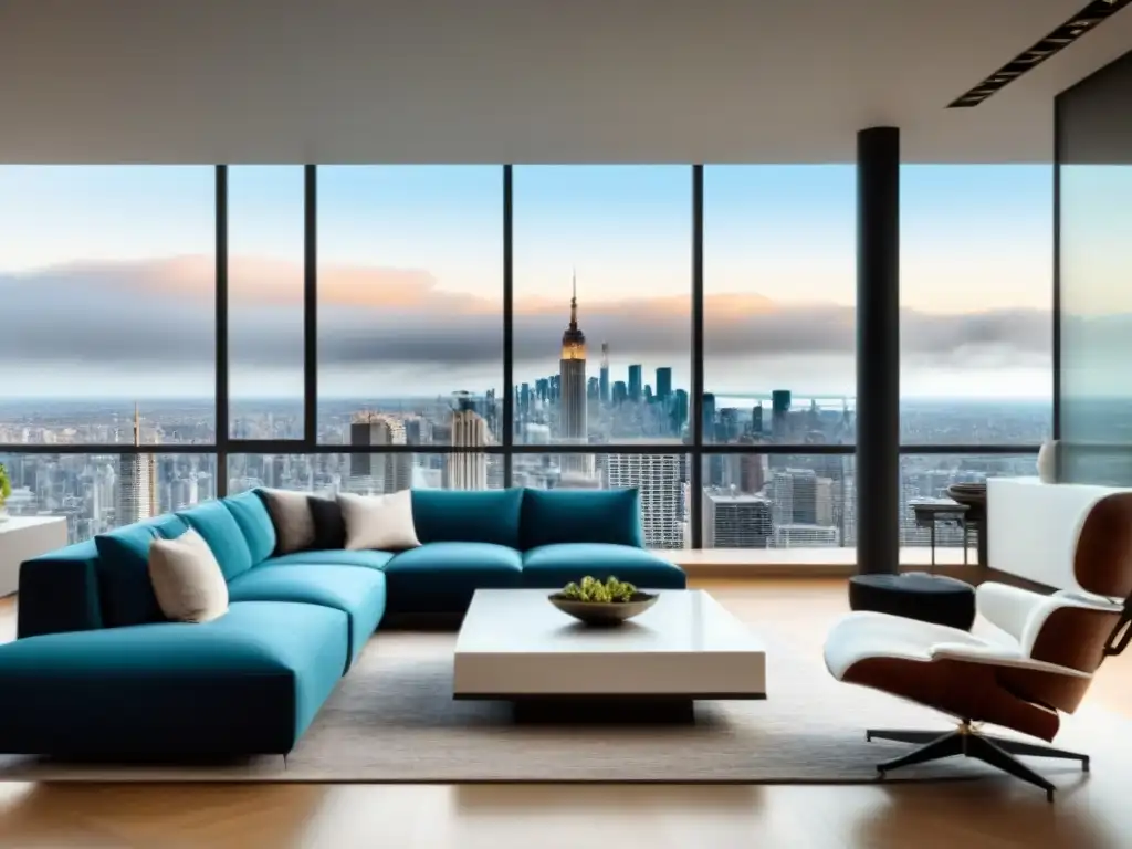 Penthouse de lujo con vistas a la ciudad Espléndido salón penthouse moderno con vista a la ciudad, muebles de diseño lujosos y arte contemporáneo, bañado en cálida luz natural