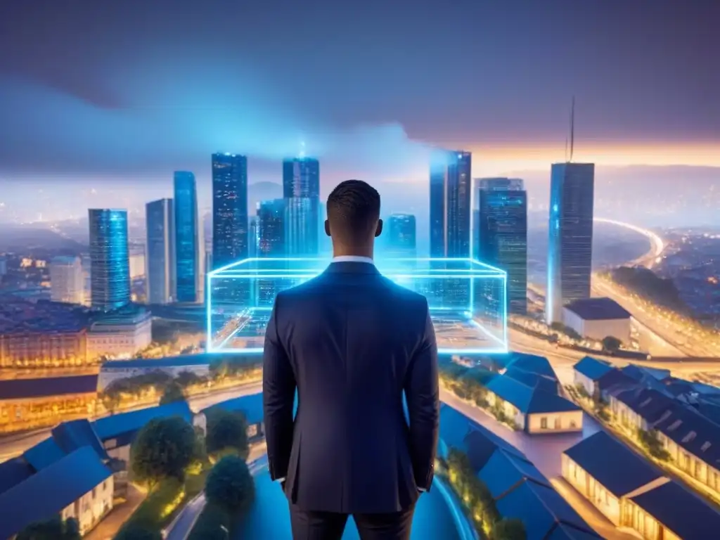 Red de seguros: estrategia de marketing de afiliados innovadora Estrategia de afiliados en seguros de propiedad con íconos interconectados en una ciudad digital innovadora
