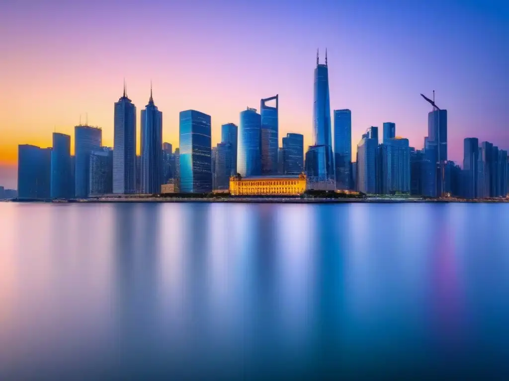 Horizonte urbano: modernidad y tradición en ciudad cosmopolita al atardecer Estrategia fiscal: skyline moderno con rascacielos e historia, luces vibrantes reflejándose en el agua al anochecer