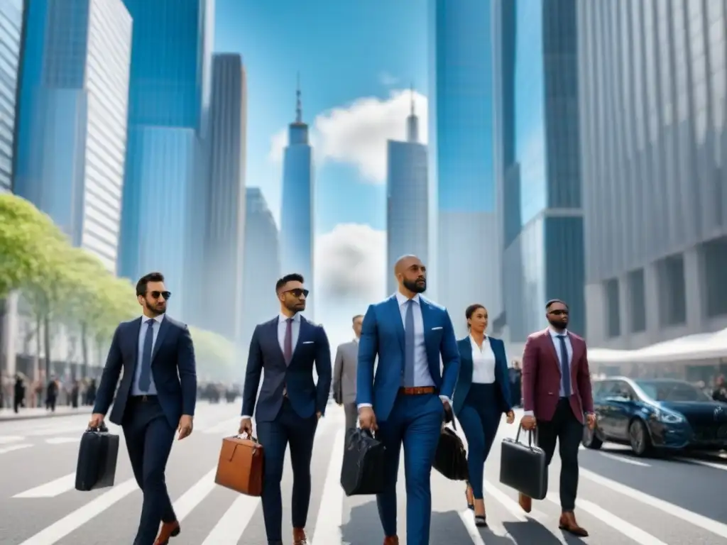 Escena vibrante de ciudad financiera con profesionales en movimiento Estrategias de inversión inteligente en un bullicioso distrito financiero urbano, desafiando el desempleo