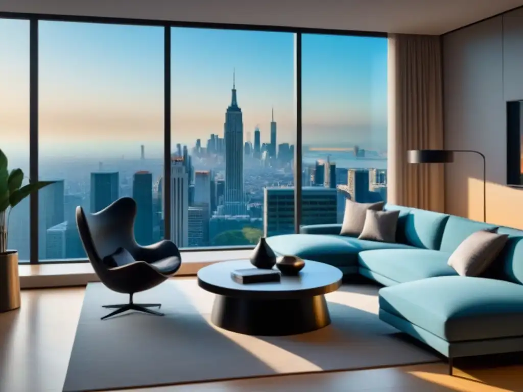 Salón de lujo ultradetallado en propiedad exclusiva con vista a la ciudad Estrategias de tasación inmobiliaria en lujoso salón moderno con diseño elegante y vistas urbanas