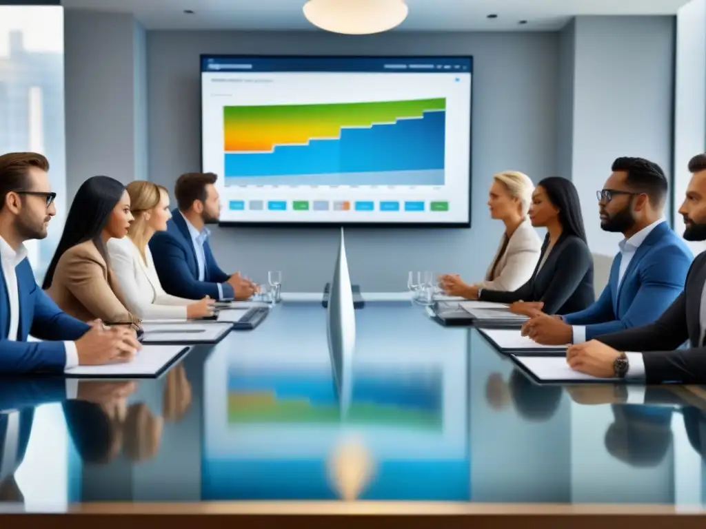 Reunión de desarrolladores inmobiliarios en sala de juntas de vanguardia Estratégica reunión de desarrolladores e inversionistas inmobiliarios en sala de juntas futurista