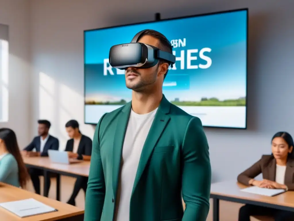 Mercado inmobiliario digital: proyección holográfica futurista Estudiantes usando tecnologías en cursos de financiamiento, explorando mercado inmobiliario digital holográfico futurista en aula minimalista