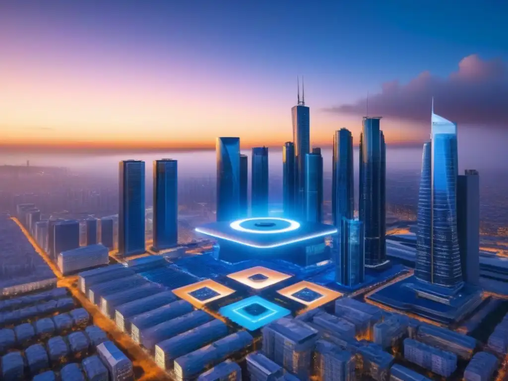 Evaluaciones inmobiliarias con inteligencia artificial en una ciudad futurista al atardecer
