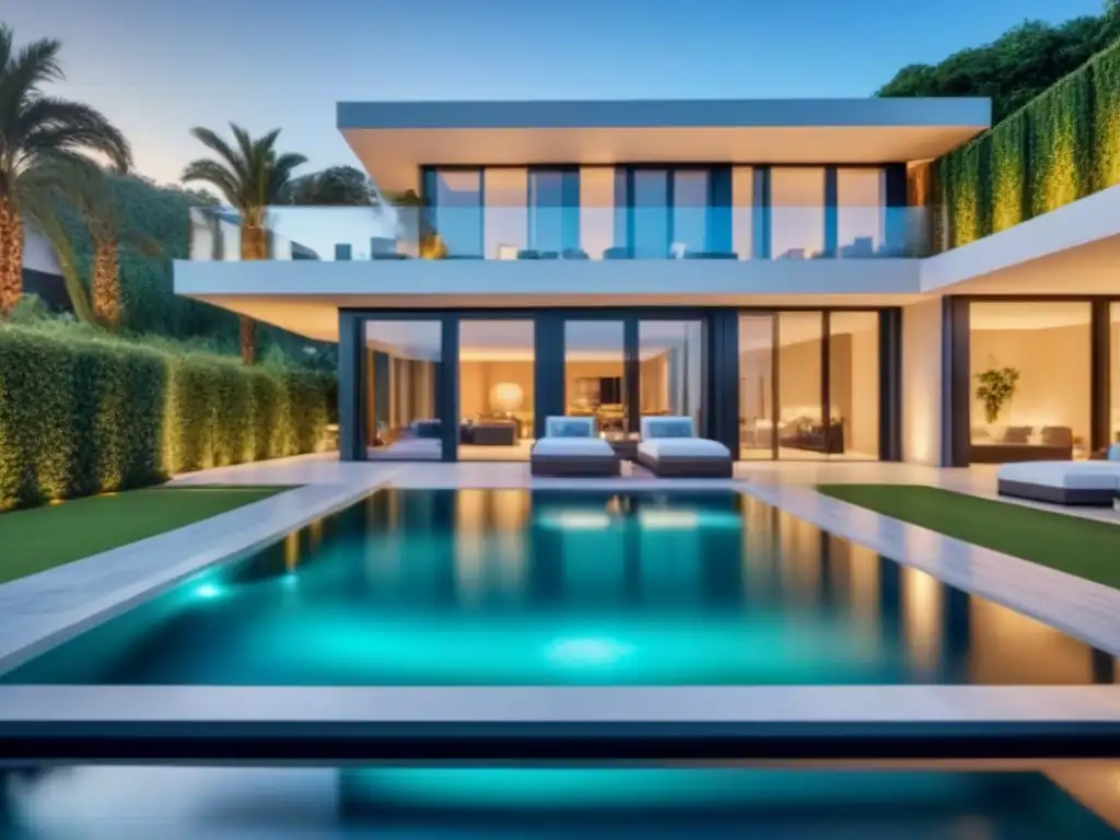 Mansión de lujo: diseño moderno y exclusivo en 8k Exclusiva mansión moderna de lujo con diseño arquitectónico, piscina, paisajismo exuberante y sistema de seguridad de alta tecnología